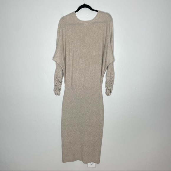 Reiss Leila Neutral Wool Blend Ruched Sleeve Dolman Midi Sweater Dress Size L - Picture 10 of 10
